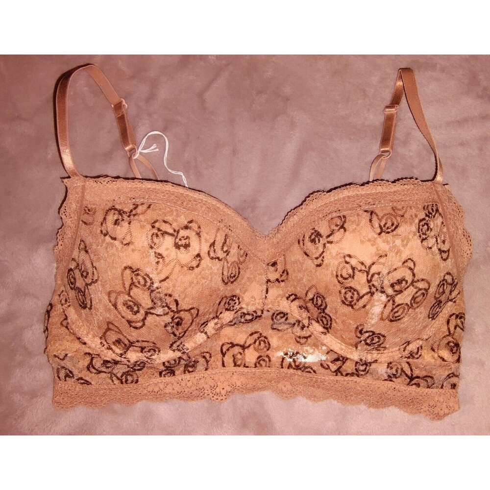 TRUE by RUE 21 Push Up Bralette Teddy Bear Lace Front Pink Brown Bra Size 36B